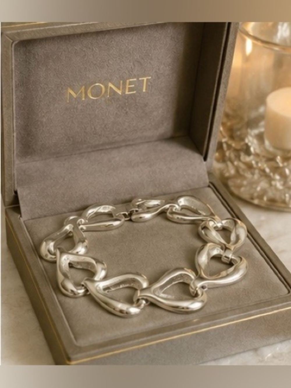 🩶Vintage Monet Sculptural Silver Finish Link Bracelet🩶